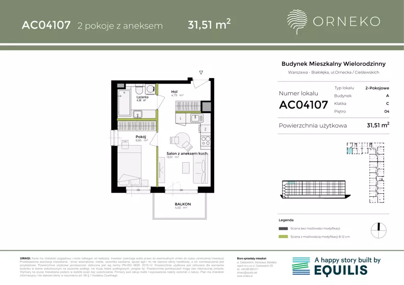 2 pokoje, mieszkanie 31,53 m², piętro 4, oferta nr AC04107, Orneko, Warszawa, Białołęka, ul. Cieślewskich / Ornecka
