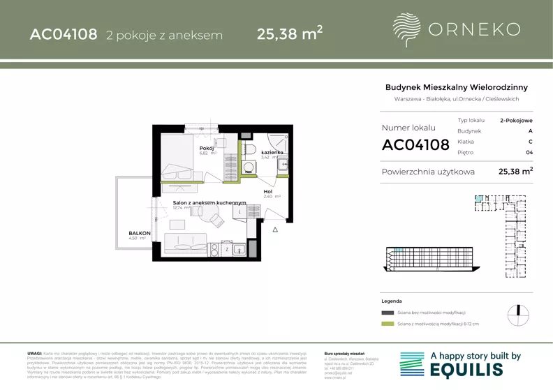 2 pokoje, mieszkanie 25,38 m², piętro 4, oferta nr AC04108, Orneko, Warszawa, Białołęka, ul. Cieślewskich / Ornecka