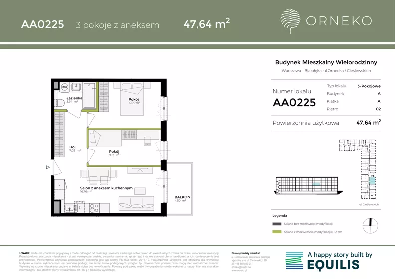 3 pokoje, mieszkanie 47,64 m², piętro 2, oferta nr AA0225, Orneko, Warszawa, Białołęka, ul. Cieślewskich / Ornecka