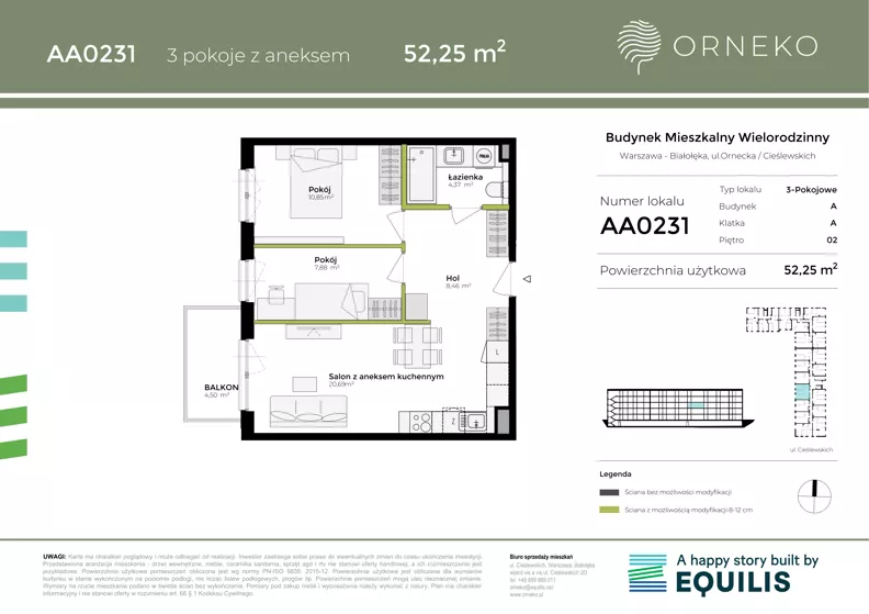 3 pokoje, mieszkanie 52,25 m², piętro 2, oferta nr AA0231, Orneko, Warszawa, Białołęka, ul. Cieślewskich / Ornecka