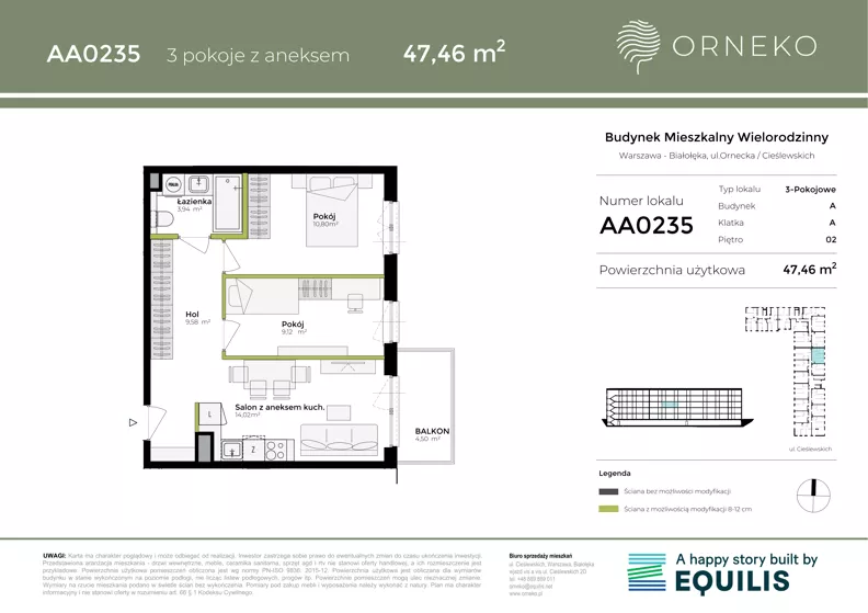 3 pokoje, mieszkanie 47,46 m², piętro 2, oferta nr AA0235, Orneko, Warszawa, Białołęka, ul. Cieślewskich / Ornecka