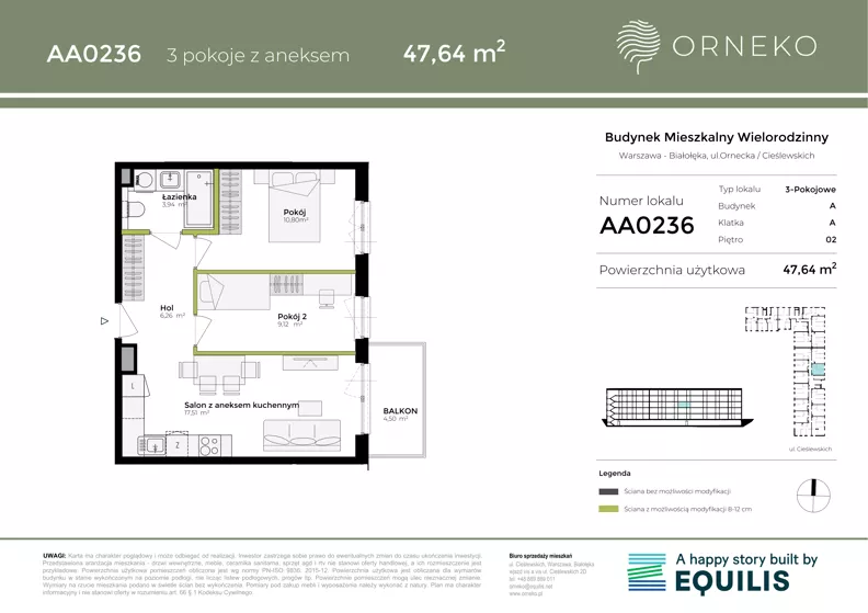 3 pokoje, mieszkanie 47,64 m², piętro 2, oferta nr AA0236, Orneko, Warszawa, Białołęka, ul. Cieślewskich / Ornecka