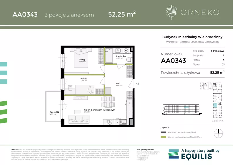 3 pokoje, mieszkanie 52,25 m², piętro 3, oferta nr AA0343, Orneko, Warszawa, Białołęka, ul. Cieślewskich / Ornecka