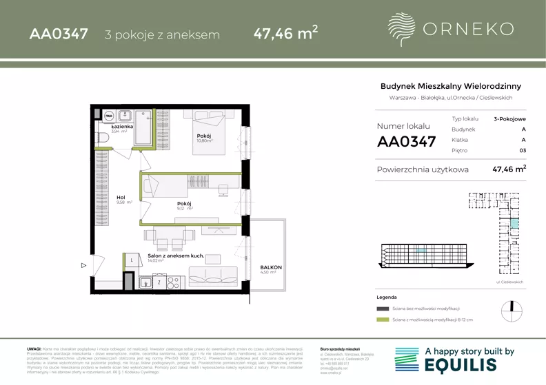 3 pokoje, mieszkanie 47,46 m², piętro 3, oferta nr AA0347, Orneko, Warszawa, Białołęka, ul. Cieślewskich / Ornecka