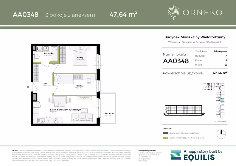 3 pokoje, mieszkanie 47,64 m², piętro 3, oferta nr AA0348, Orneko, Warszawa, Białołęka, ul. Cieślewskich / Ornecka