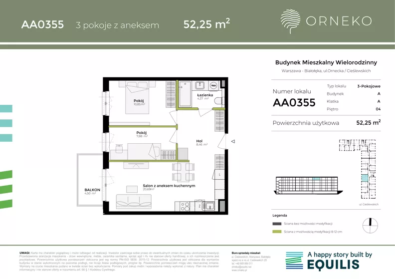 3 pokoje, mieszkanie 52,25 m², piętro 4, oferta nr AA0455, Orneko, Warszawa, Białołęka, ul. Cieślewskich / Ornecka