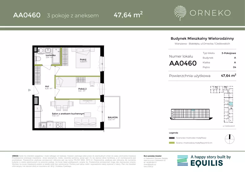 3 pokoje, mieszkanie 47,64 m², piętro 4, oferta nr AA0460, Orneko, Warszawa, Białołęka, ul. Cieślewskich / Ornecka