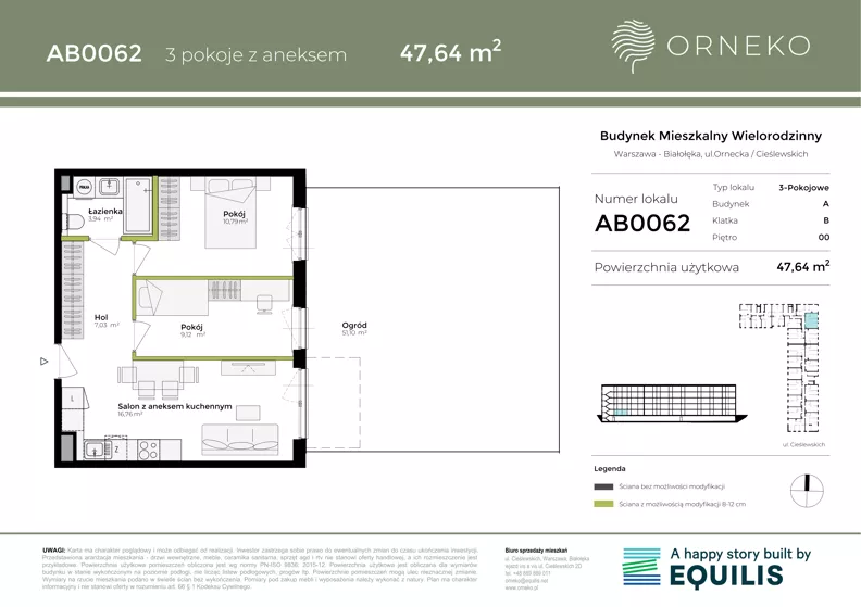 3 pokoje, mieszkanie 47,64 m², parter, oferta nr AB0062, Orneko, Warszawa, Białołęka, ul. Cieślewskich / Ornecka