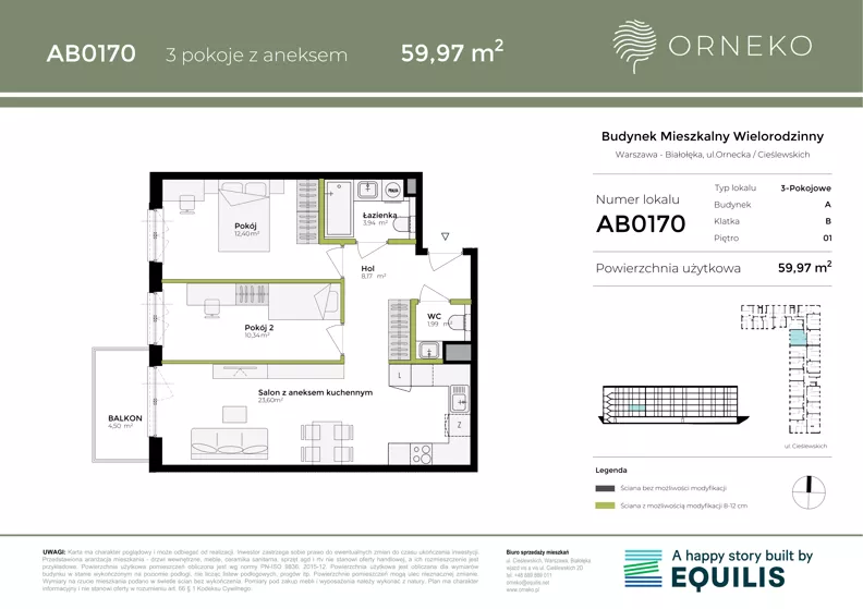 3 pokoje, mieszkanie 59,97 m², piętro 1, oferta nr AB0170, Orneko, Warszawa, Białołęka, ul. Cieślewskich / Ornecka