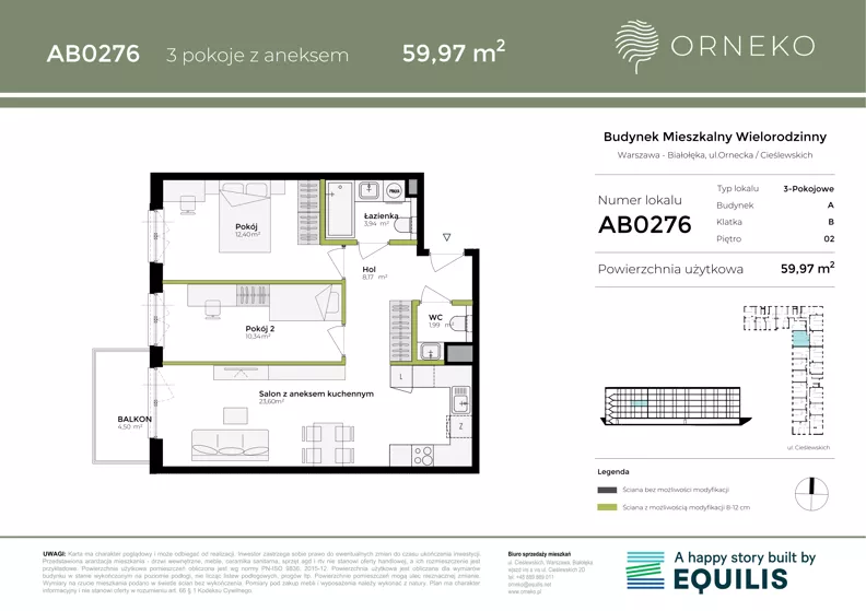 3 pokoje, mieszkanie 59,97 m², piętro 2, oferta nr AB0276, Orneko, Warszawa, Białołęka, ul. Cieślewskich / Ornecka