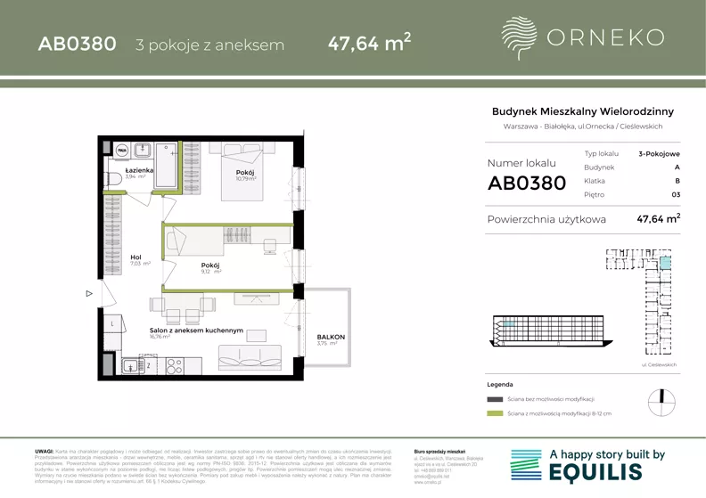 3 pokoje, mieszkanie 47,64 m², piętro 3, oferta nr AB0380, Orneko, Warszawa, Białołęka, ul. Cieślewskich / Ornecka