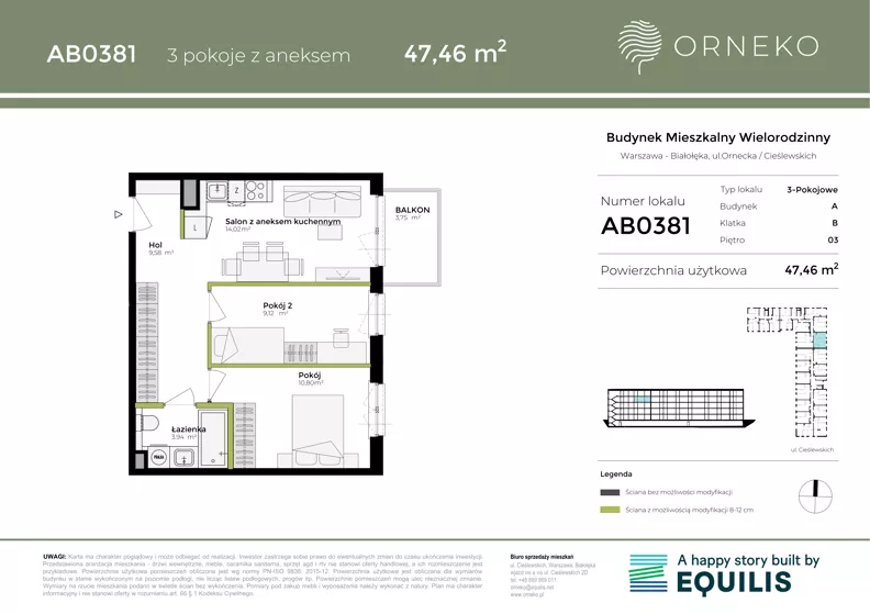 3 pokoje, mieszkanie 47,46 m², piętro 3, oferta nr AB0381, Orneko, Warszawa, Białołęka, ul. Cieślewskich / Ornecka