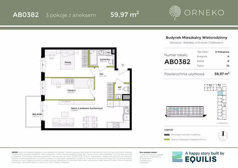 3 pokoje, mieszkanie 59,97 m², piętro 3, oferta nr AB0382, Orneko, Warszawa, Białołęka, ul. Cieślewskich / Ornecka