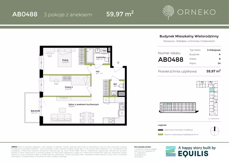 3 pokoje, mieszkanie 59,97 m², piętro 4, oferta nr AB0488, Orneko, Warszawa, Białołęka, ul. Cieślewskich / Ornecka