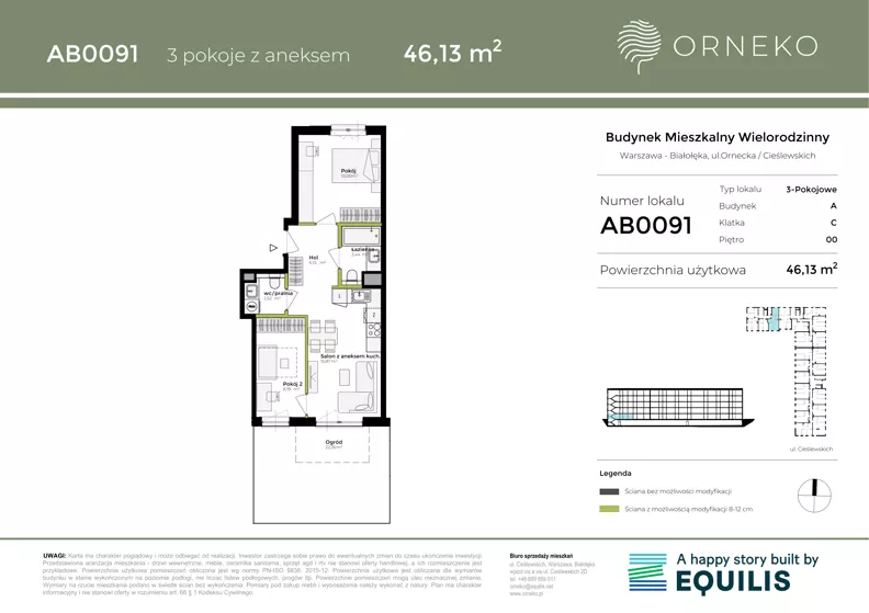 3 pokoje, mieszkanie 46,13 m², parter, oferta nr AC0091, Orneko, Warszawa, Białołęka, ul. Cieślewskich / Ornecka