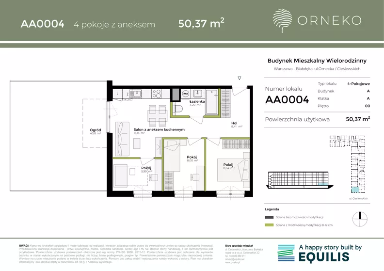 4 pokoje, mieszkanie 50,37 m², parter, oferta nr AA0004, Orneko, Warszawa, Białołęka, ul. Cieślewskich / Ornecka