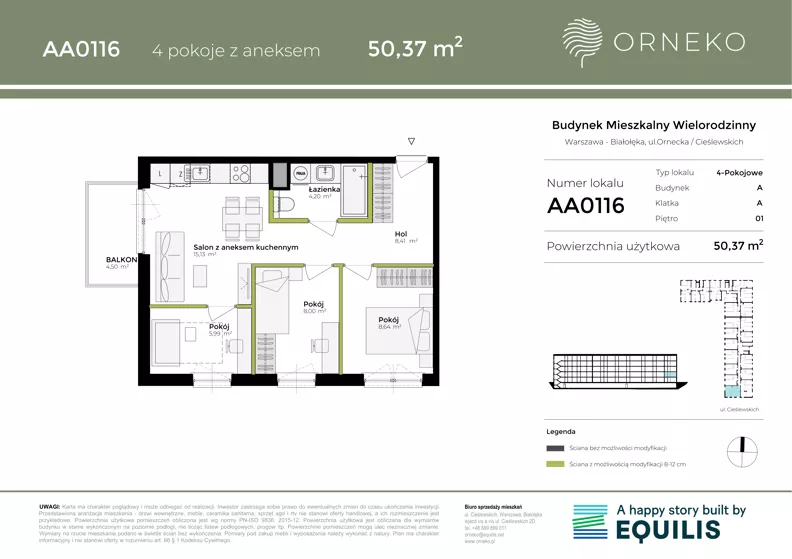 4 pokoje, mieszkanie 50,37 m², piętro 1, oferta nr AA0116, Orneko, Warszawa, Białołęka, ul. Cieślewskich / Ornecka