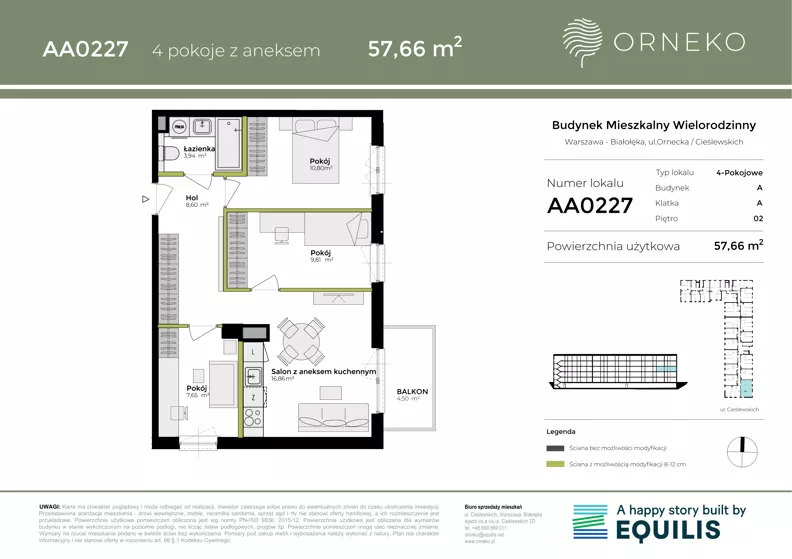 4 pokoje, mieszkanie 57,66 m², piętro 2, oferta nr AA0227, Orneko, Warszawa, Białołęka, ul. Cieślewskich / Ornecka