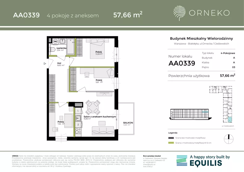 4 pokoje, mieszkanie 57,66 m², piętro 3, oferta nr AA0339, Orneko, Warszawa, Białołęka, ul. Cieślewskich / Ornecka