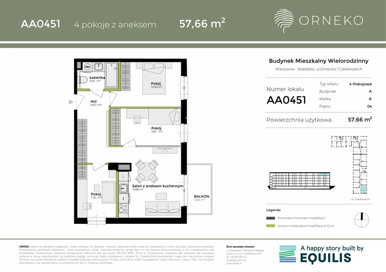 4 pokoje, mieszkanie 57,66 m², piętro 4, oferta nr AA0451, Orneko, Warszawa, Białołęka, ul. Cieślewskich / Ornecka