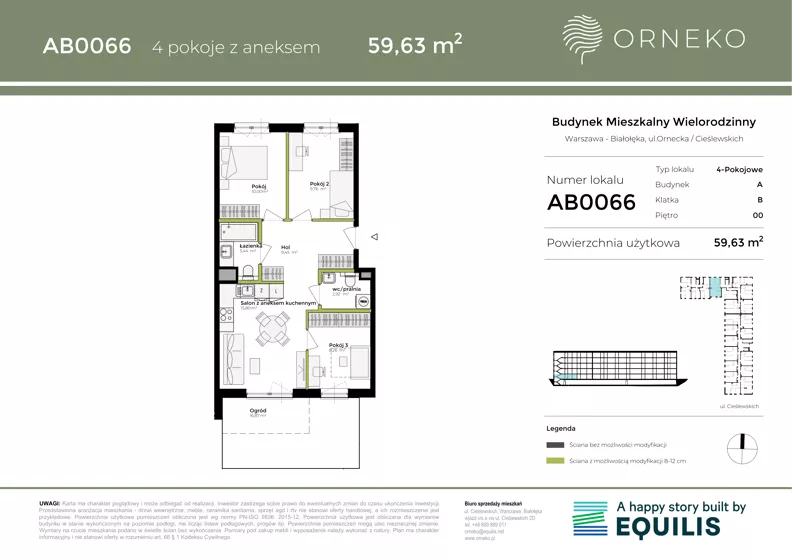 4 pokoje, mieszkanie 59,56 m², parter, oferta nr AB0066, Orneko, Warszawa, Białołęka, ul. Cieślewskich / Ornecka