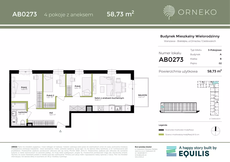 4 pokoje, mieszkanie 58,73 m², piętro 2, oferta nr AB0273, Orneko, Warszawa, Białołęka, ul. Cieślewskich / Ornecka