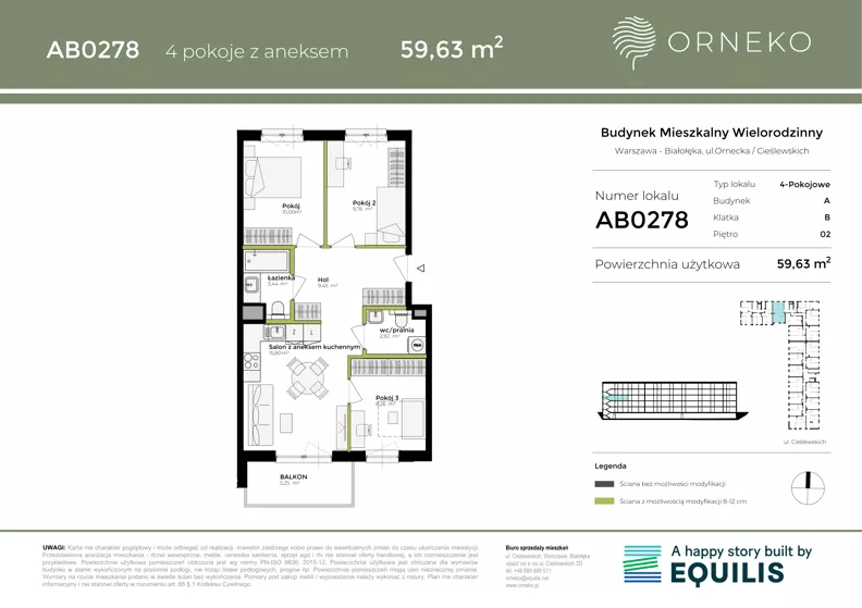 4 pokoje, mieszkanie 59,21 m², piętro 2, oferta nr AB0278, Orneko, Warszawa, Białołęka, ul. Cieślewskich / Ornecka