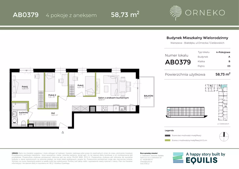 4 pokoje, mieszkanie 58,73 m², piętro 3, oferta nr AB0379, Orneko, Warszawa, Białołęka, ul. Cieślewskich / Ornecka