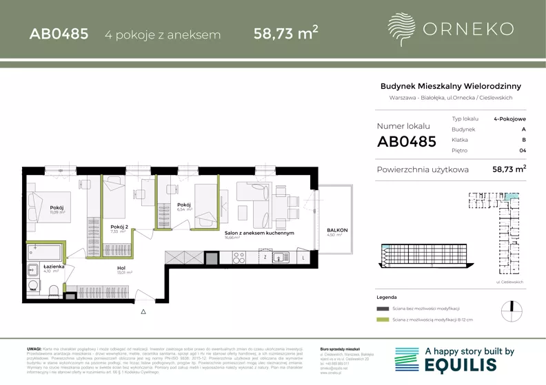 4 pokoje, mieszkanie 58,73 m², piętro 4, oferta nr AB0485, Orneko, Warszawa, Białołęka, ul. Cieślewskich / Ornecka