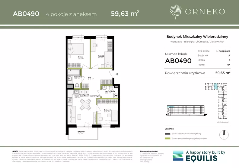 4 pokoje, mieszkanie 59,56 m², piętro 4, oferta nr AB0490, Orneko, Warszawa, Białołęka, ul. Cieślewskich / Ornecka