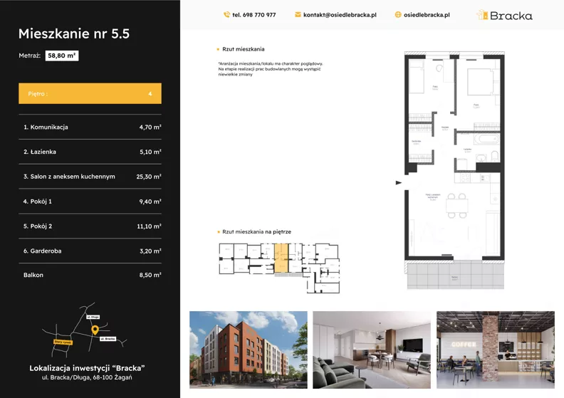 3 pokoje, mieszkanie 58,80 m², piętro 4, oferta nr 5.5, Osiedle Bracka, Żagań, ul. Bracka