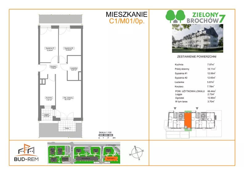 3 pokoje, mieszkanie 66,44 m², parter, oferta nr C1/M01/0P, Zielony Brochów 7, Wrocław, Brochów, Krzyki, ul. Indonezyjska