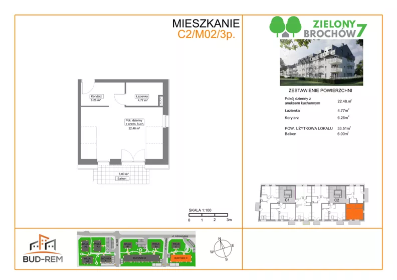 1 pokój, mieszkanie 33,51 m², parter, oferta nr C2/M02/3P, Zielony Brochów 7, Wrocław, Brochów, Krzyki, ul. Indonezyjska