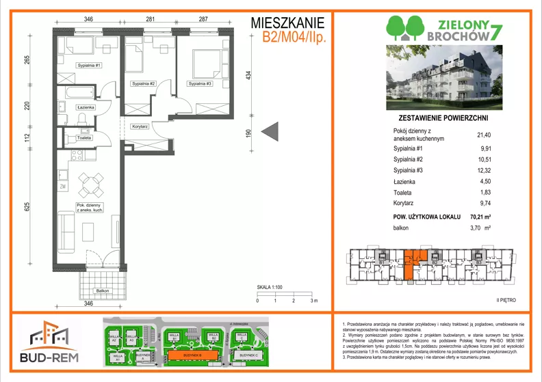 3 pokoje, mieszkanie 70,21 m², piętro 2, oferta nr B2/M04/2P, Zielony Brochów 7, Wrocław, Brochów, Krzyki, ul. Indonezyjska