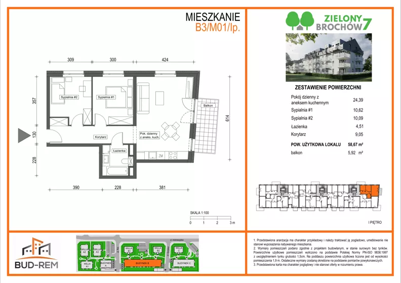 3 pokoje, mieszkanie 58,67 m², piętro 1, oferta nr B3/M01/1P, Zielony Brochów 7, Wrocław, Brochów, Krzyki, ul. Indonezyjska