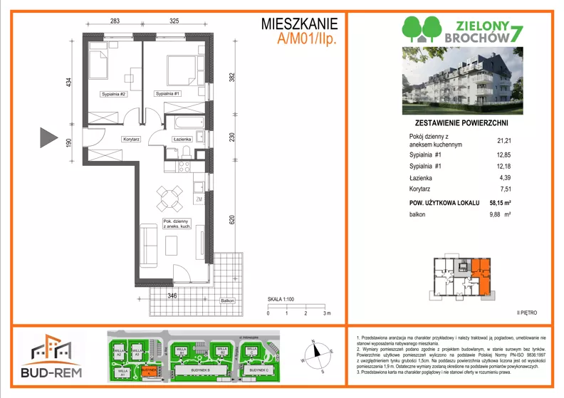 3 pokoje, mieszkanie 58,15 m², piętro 2, oferta nr A/M01/2P, Zielony Brochów 7, Wrocław, Brochów, Krzyki, ul. Indonezyjska