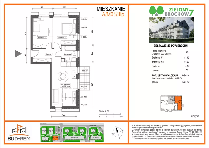 3 pokoje, mieszkanie 53,84 m², piętro 3, oferta nr A/M01/3P, Zielony Brochów 7, Wrocław, Brochów, Krzyki, ul. Indonezyjska