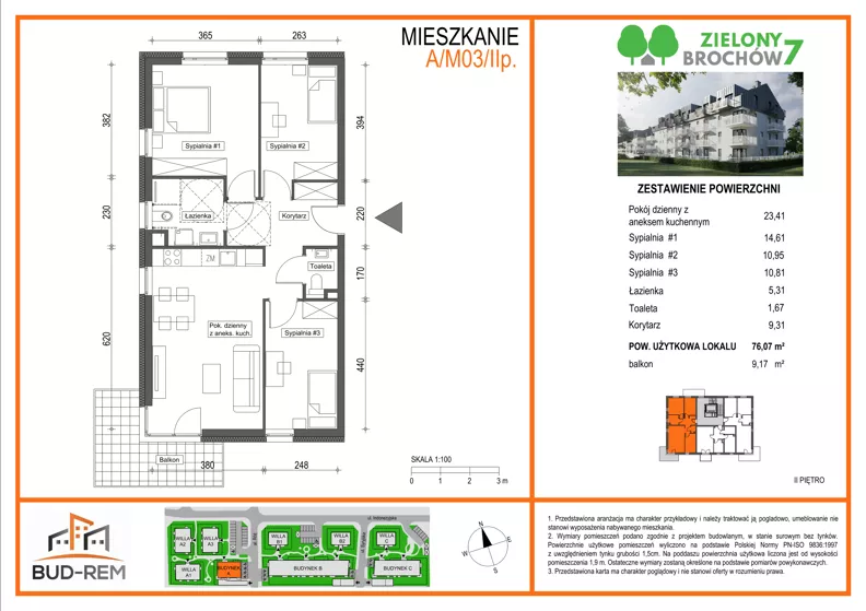 4 pokoje, mieszkanie 76,07 m², piętro 2, oferta nr A/M03/2P, Zielony Brochów 7, Wrocław, Brochów, Krzyki, ul. Indonezyjska