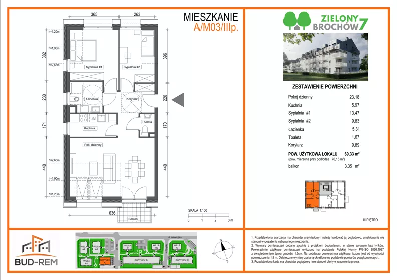 3 pokoje, mieszkanie 69,33 m², piętro 3, oferta nr A/M03/3P, Zielony Brochów 7, Wrocław, Brochów, Krzyki, ul. Indonezyjska