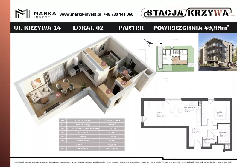 2 pokoje, mieszkanie 49,95 m², parter, oferta nr M2, Stacja Krzywa, Poznań, Górczyn, ul. Krzywa 14