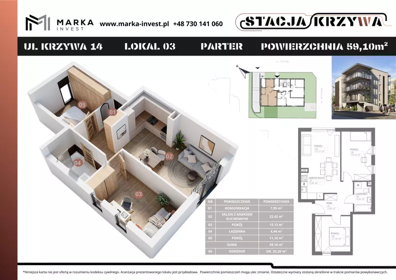 3 pokoje, mieszkanie 59,10 m², parter, oferta nr M3, Stacja Krzywa, Poznań, Górczyn, ul. Krzywa 14