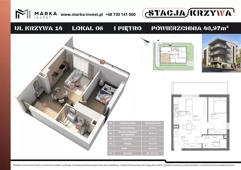 2 pokoje, mieszkanie 40,97 m², piętro 1, oferta nr M6, Stacja Krzywa, Poznań, Górczyn, ul. Krzywa 14