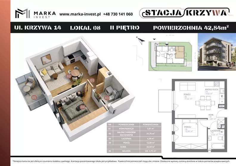2 pokoje, mieszkanie 42,54 m², piętro 2, oferta nr M8, Stacja Krzywa, Poznań, Górczyn, ul. Krzywa 14