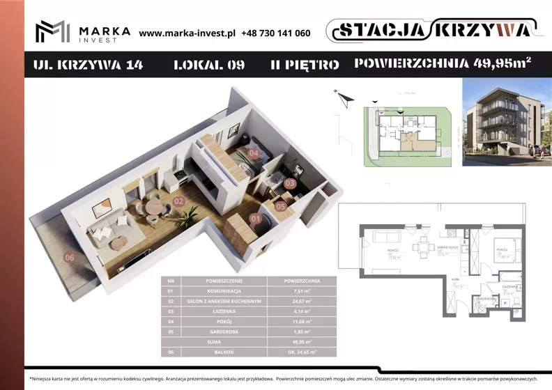 2 pokoje, mieszkanie 49,95 m², piętro 2, oferta nr M9, Stacja Krzywa, Poznań, Górczyn, ul. Krzywa 14