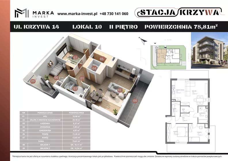 3 pokoje, mieszkanie 75,81 m², piętro 2, oferta nr M10, Stacja Krzywa, Poznań, Górczyn, ul. Krzywa 14