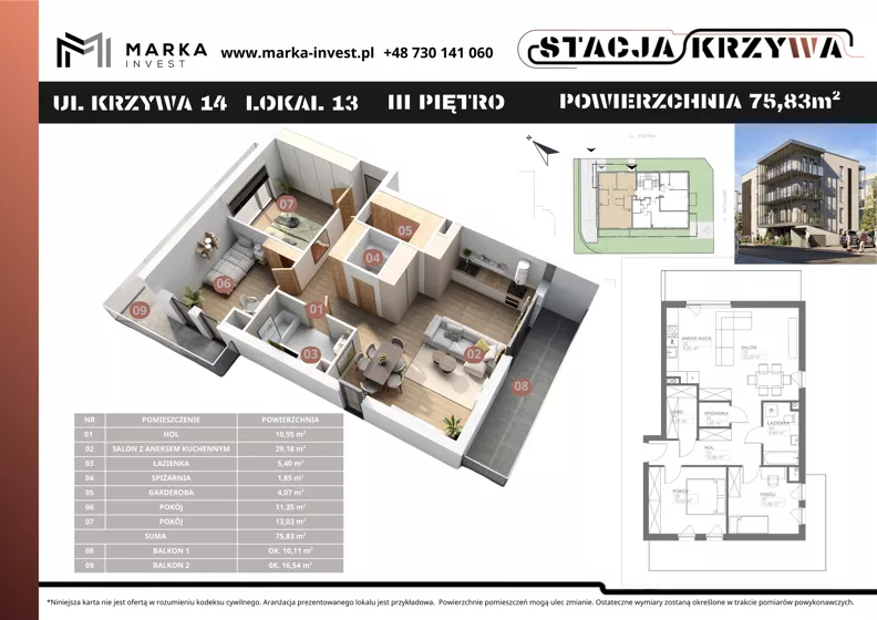 3 pokoje, mieszkanie 75,83 m², piętro 3, oferta nr M13, Stacja Krzywa, Poznań, Górczyn, ul. Krzywa 14