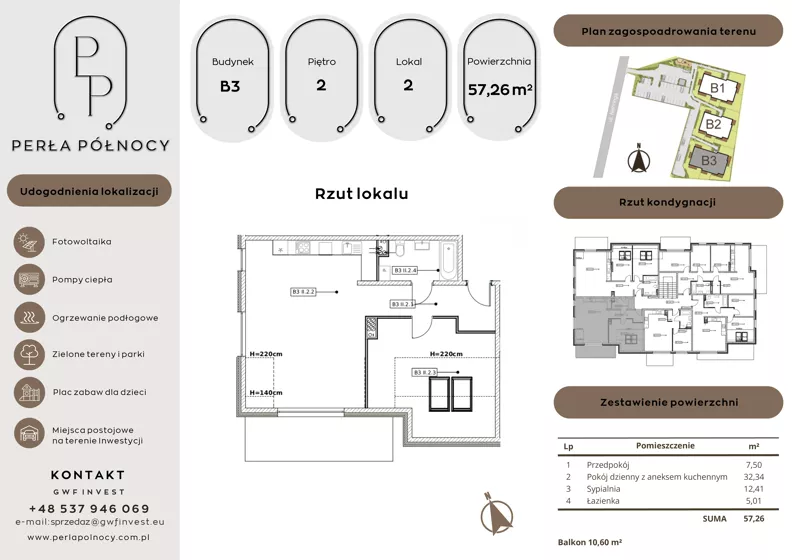2 pokoje, mieszkanie 57,26 m², piętro 2, oferta nr B3.2_2, Perła Północy II, Szczecin, Północ, Stołczyn, ul. Władysława Nehringa