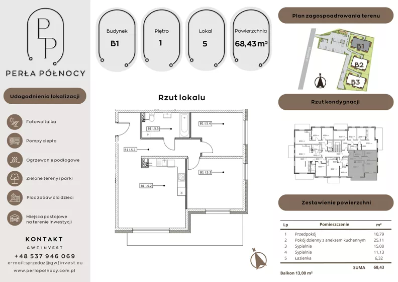 3 pokoje, mieszkanie 68,43 m², piętro 1, oferta nr B1.1_5, Perła Północy II, Szczecin, Północ, Stołczyn, ul. Władysława Nehringa