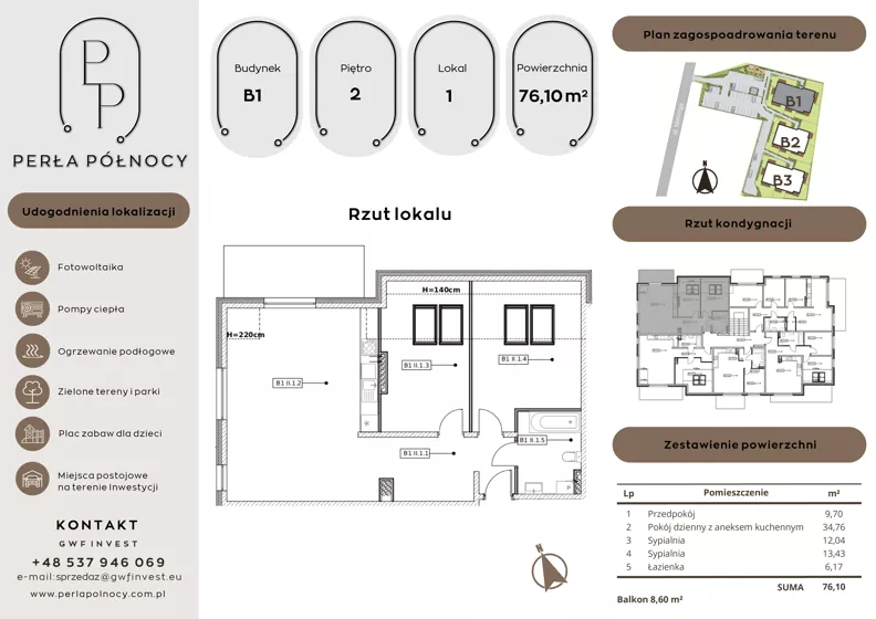 3 pokoje, mieszkanie 76,10 m², piętro 2, oferta nr B1.2_1, Perła Północy II, Szczecin, Północ, Stołczyn, ul. Władysława Nehringa