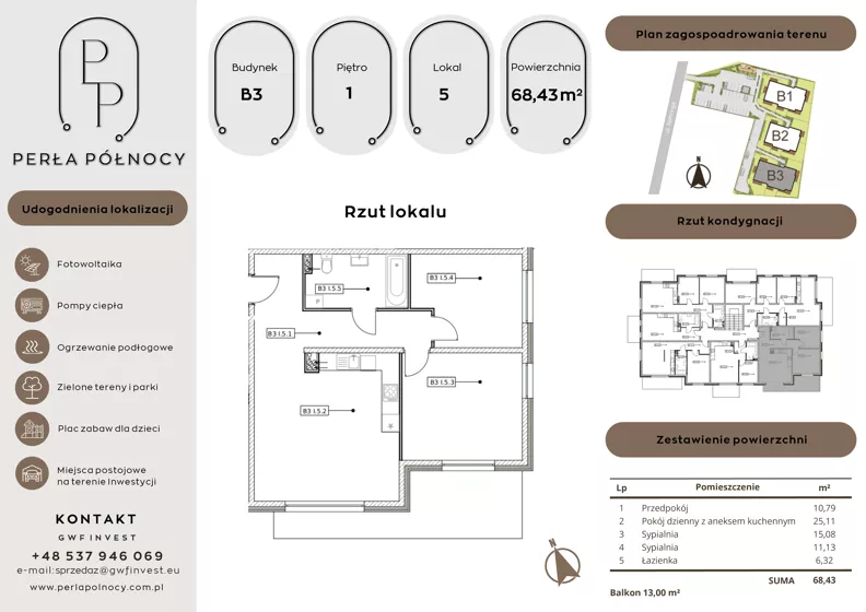 3 pokoje, mieszkanie 68,43 m², piętro 1, oferta nr B3.1_5, Perła Północy II, Szczecin, Północ, Stołczyn, ul. Władysława Nehringa